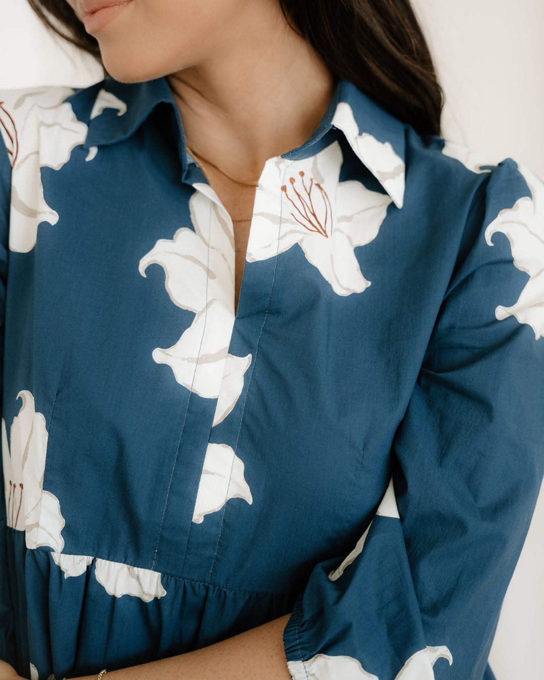 Winslet Floral Shirt Collar V Neck 3/4 Sleeve Shift Midi Dress