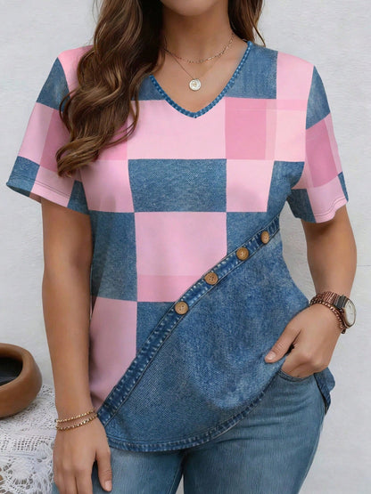 V-Neck Denim Print Short Sleeve T-Shirt | Loose Casual Tee