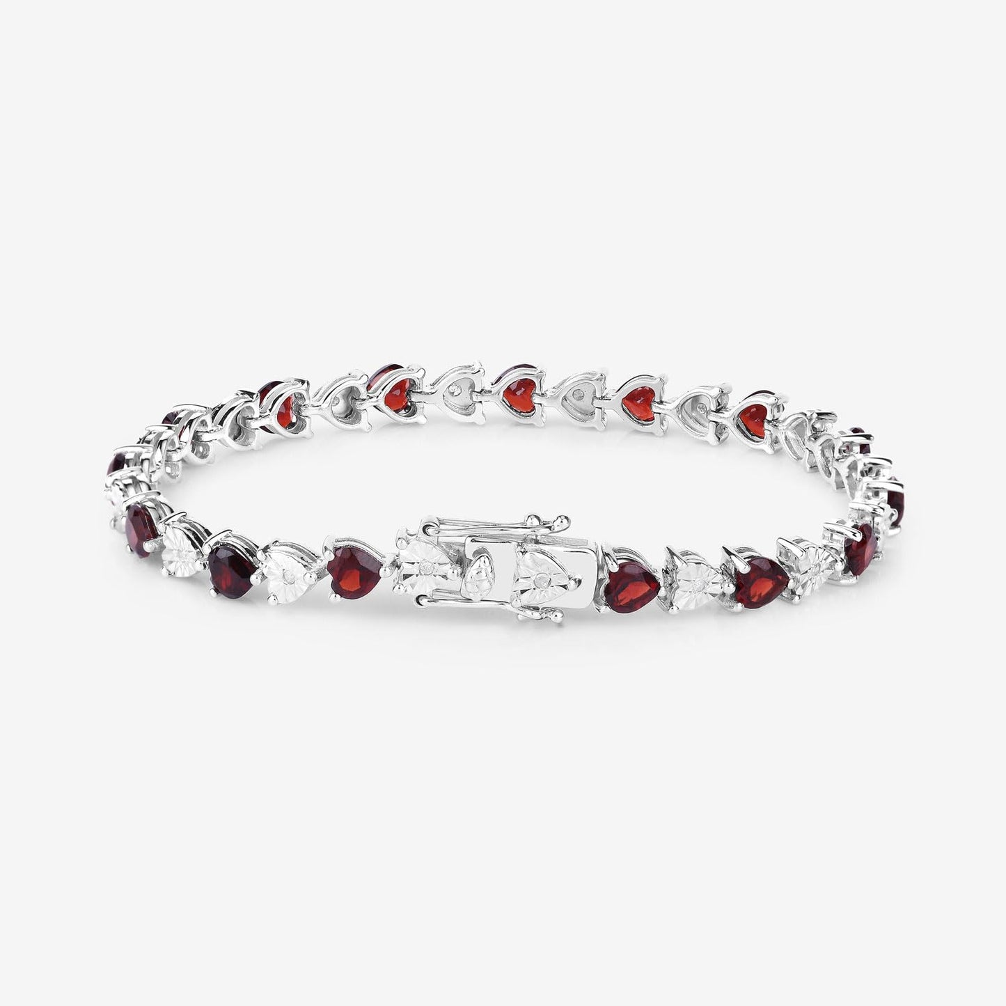 0.14 Ct Heart Red Garnet & Diamond Prong Silver Box Clasp Tennis Bracelet