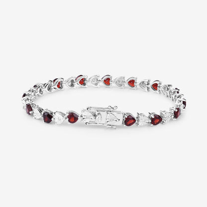 0.14 Ct Heart Red Garnet & Diamond Prong Silver Box Clasp Tennis Bracelet