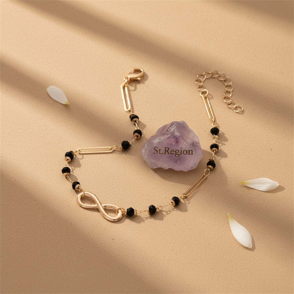 Black Acrylic Beads & Goldtone Infinity Sign Charm Anklet