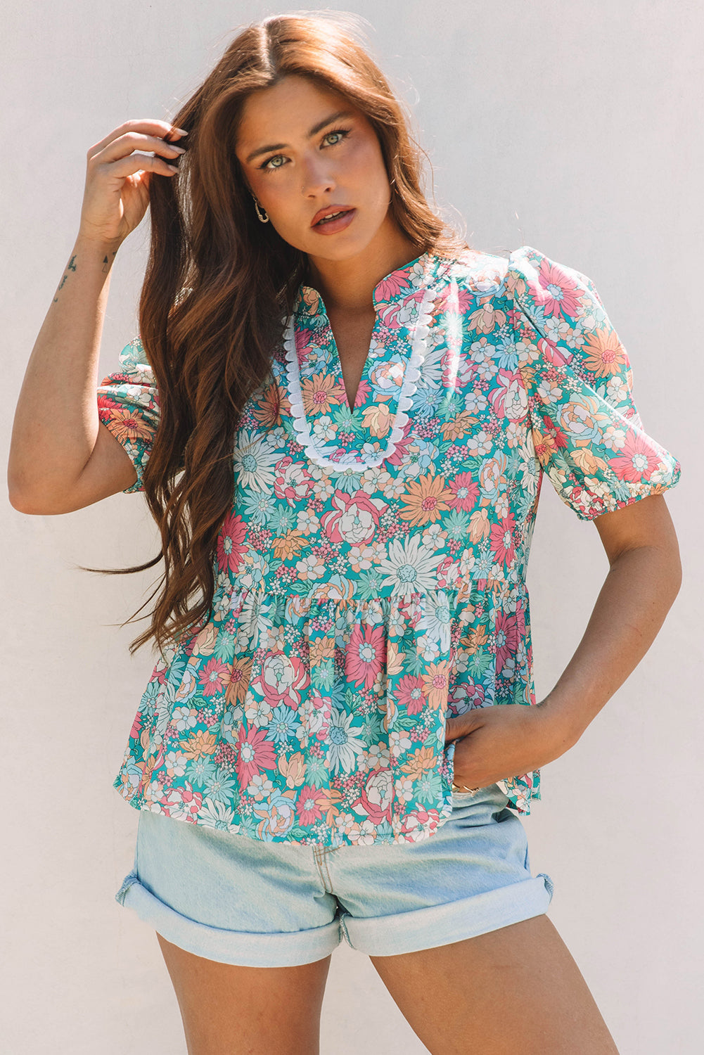 Threaded Pear Amaris Notched Neck Puff Short Sleeve Floral Blouse