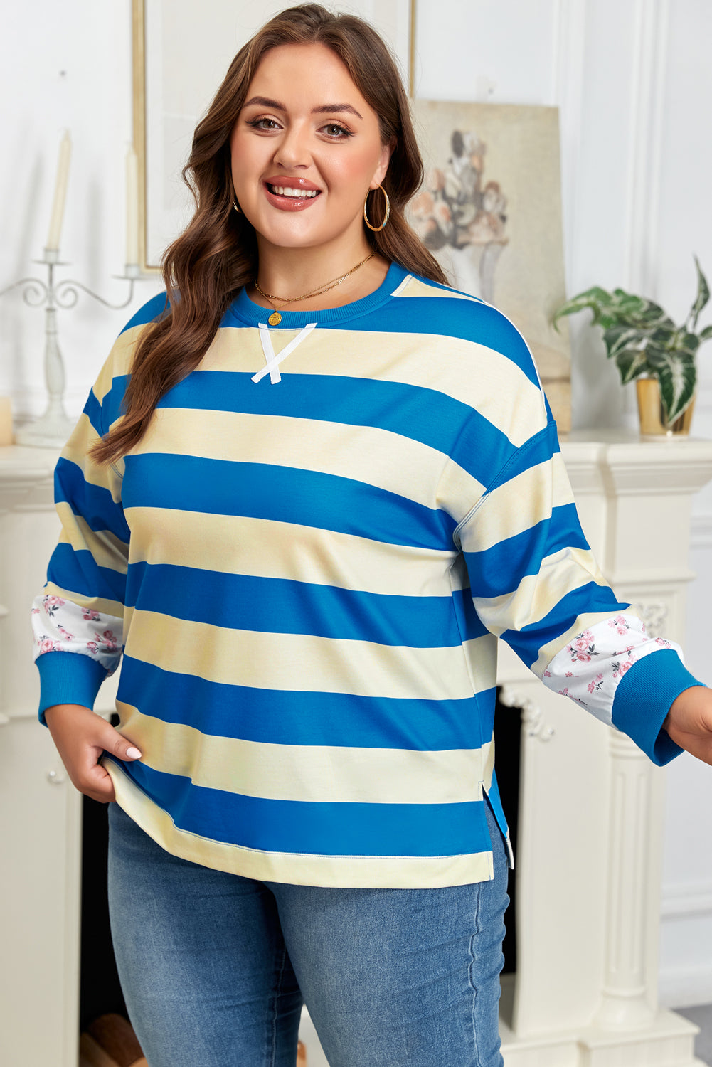 Threaded Pear Blue Stripe Floral Color Block Drop Shoulder Plus Size Pullover Top