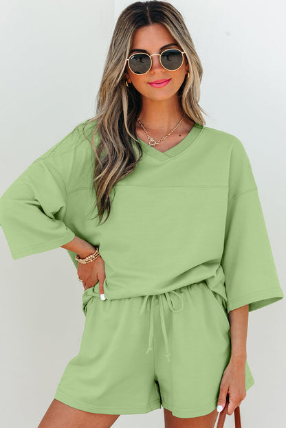 Threaded Pear Emmeline Loose V Neck Half Sleeve Tee and Shorts