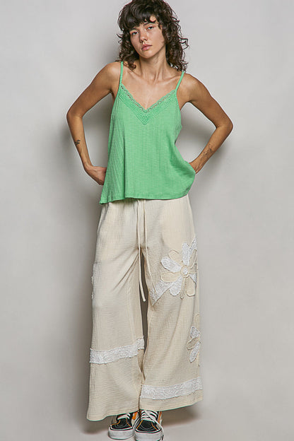 POL Lace Detail V-Neck Textured Knit Cami in Green