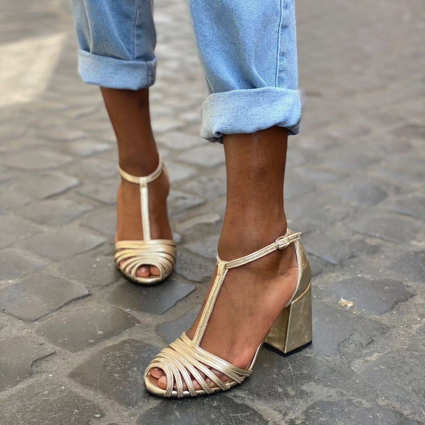 High Heel Fish-Mouth T-Shaped Buckle Strap Open Toe Sandals