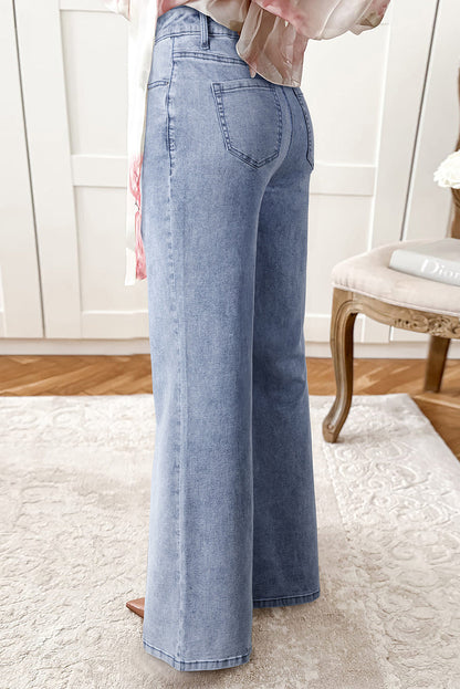 Dirty blue Button Zip High Waist Flared Hem Jeans