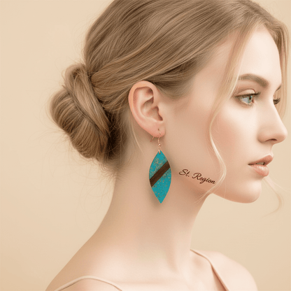 Blue Resin & Wood Goldtone Leaf Hook Earrings
