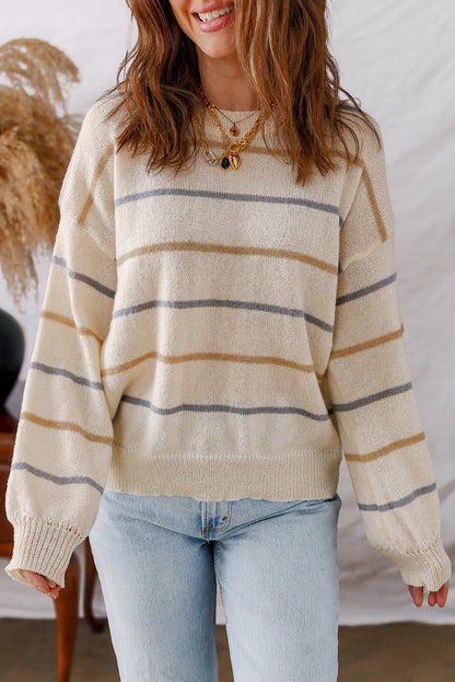 Threaded Pear Eden Striped Ribbed Edge Drop Shoulder Sweater