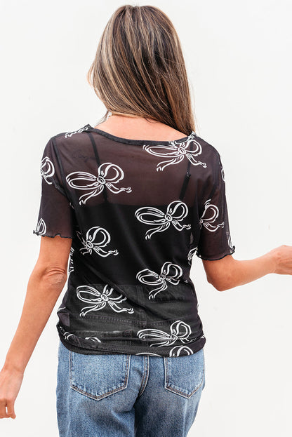 Threaded Pear Maddie Bow Mesh Short Sleeve Top