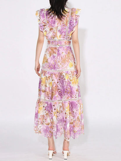 Ruffled Hollow Out Tiered Midi Dress