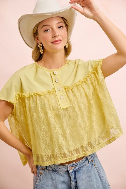 BiBi Solid Jersey With Lace Combo Ruffled Buttoned Top