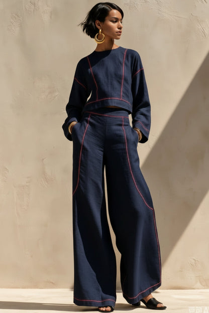 Women's Cropped Long-Sleeve Top & Ultra-Wide Palazzo Pants Set