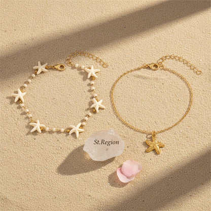 Resin & Goldtone Beads Chain Starfish Charm Anklet Set