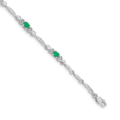 14k White Gold Oval Green Emerald Heart 7 inch Bracelet