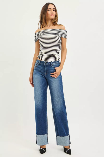 RISEN Mid Rise Wide Straight Jeans With Wide Cuff