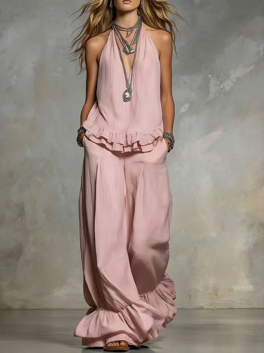 Women's V-Neck Ruffle-Trim Puff-Sleeve Two-Piece Set Pink / M Women's V-Neck Ruffle-Trim Puff-Sleeve Two-Piece Set Pink / M