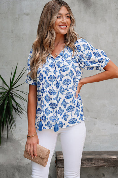 Threaded Pear Grace Geometric Tassel Drawstring V Neck Blouse