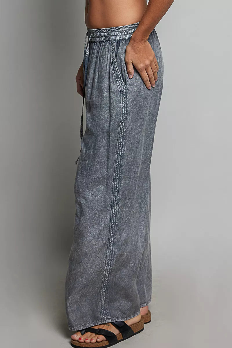 POL Tassel Drawstring Embroidered Wide Leg Woven Pants
