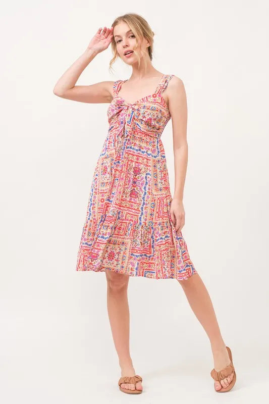 And The Why Tied Front Smocked Back Tiered Boho Printed Dress