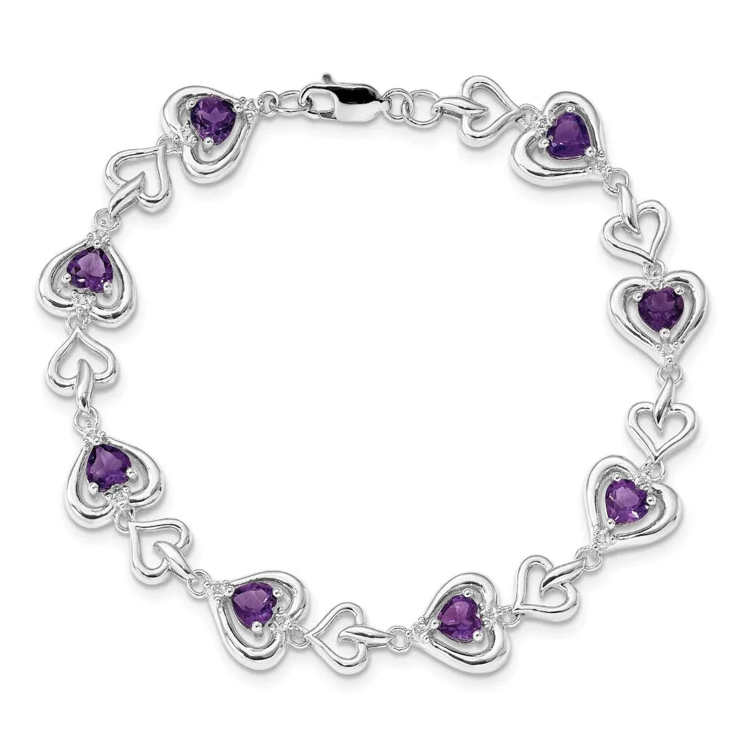 Heart Purple Amethyst & Diamond Prong Sterling Silver Heart Link Bracelet