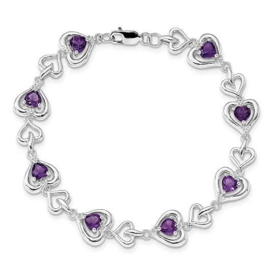 Heart Purple Amethyst & Diamond Prong Sterling Silver Heart Link Bracelet