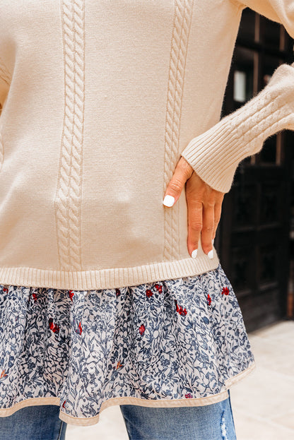 Threaded Pear Mary Cable Texture Bohemian Ruffle Hem Sweater