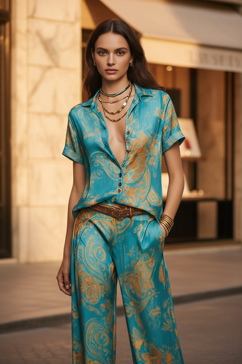 Women's Marble Swirl Print Satin-Look Short Sleeve Shirt & Wide-Leg Pants Resort Set
