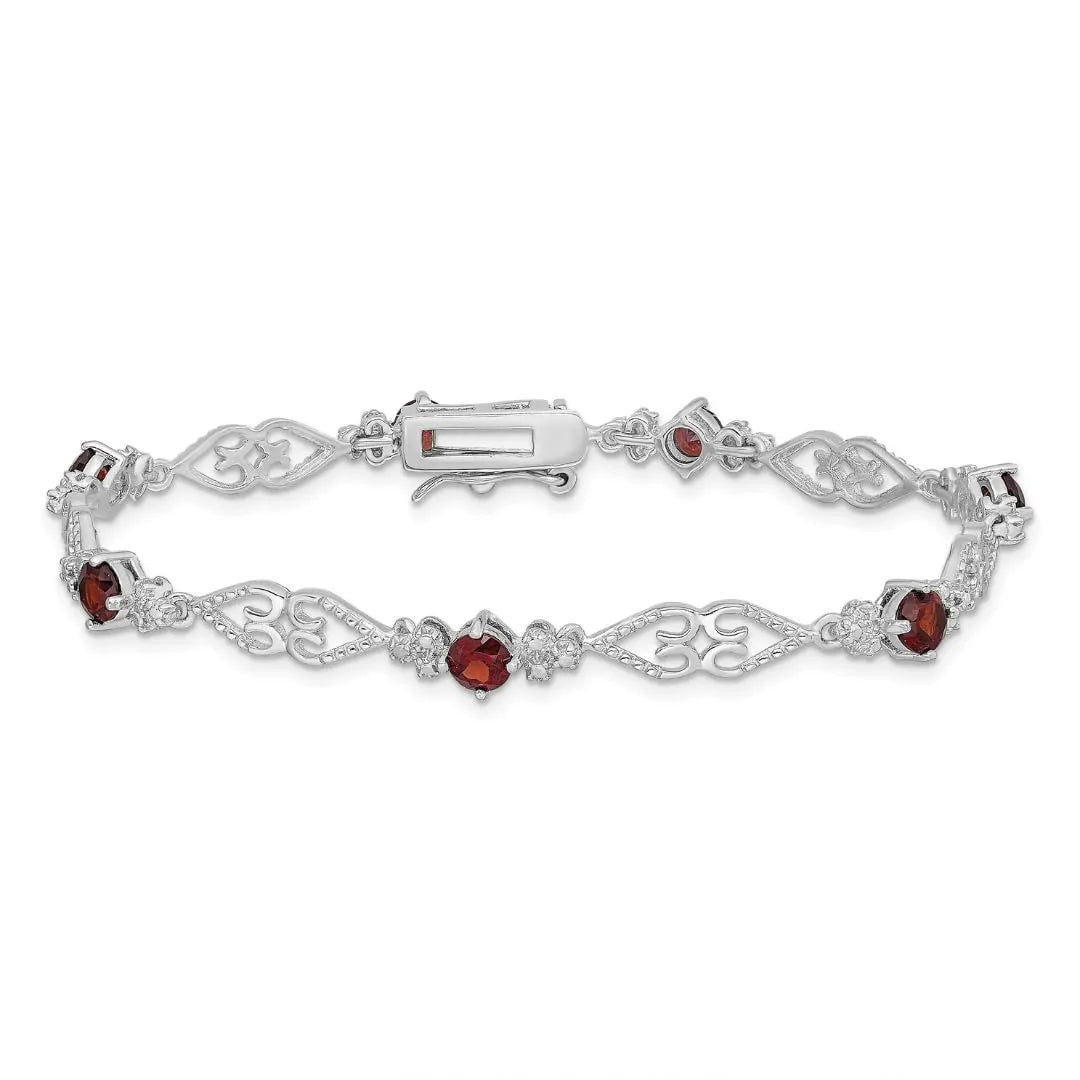Genuine Red Garnet Diamond Sterling Silver Bracelet