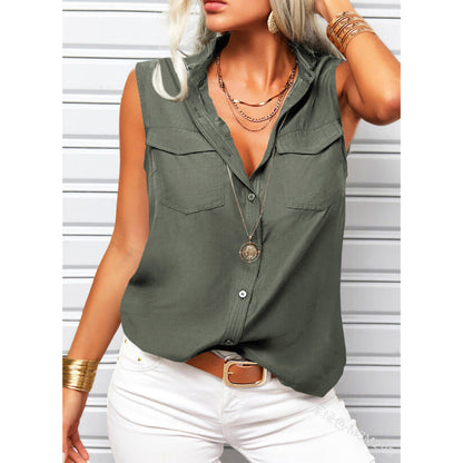 Women's Lapel Collar Sleeveless Top – Loose Fit, Pockets, Solid Color