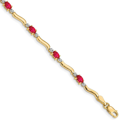 Oval Red Ruby & Diamond Prong 14K Yellow Gold Wave Link Bracelet