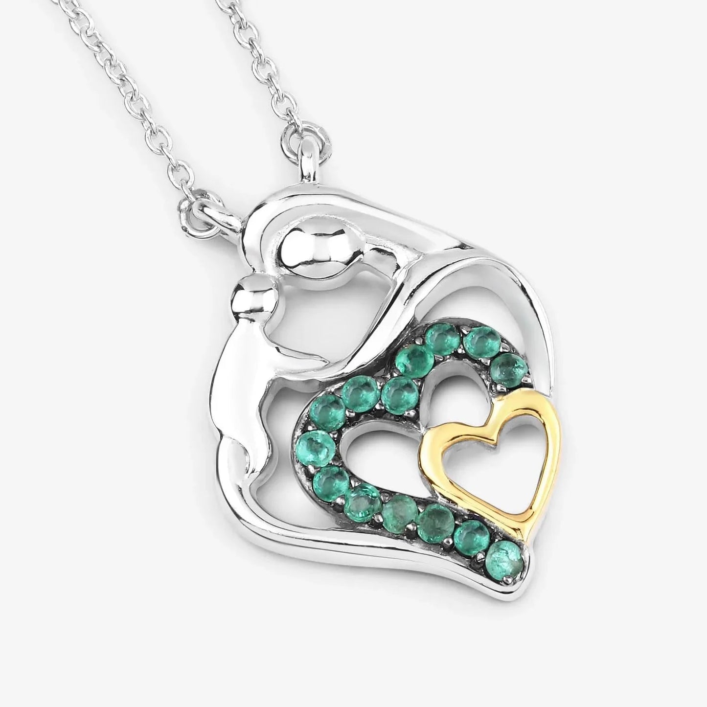 Genuine Emerald Prong Silver Double Heart Pendant Necklace