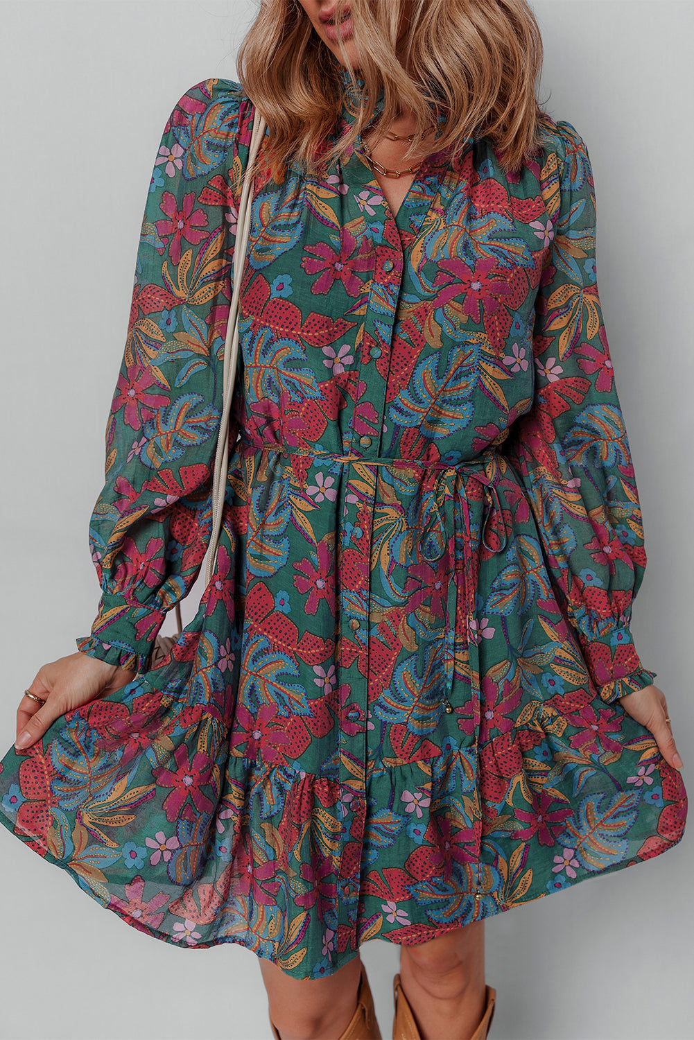 Threaded Pear Maria Floral V Neck Puff Sleeve Dress