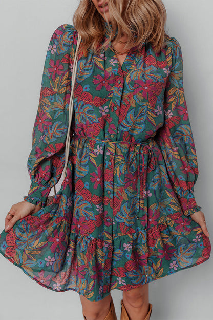 Threaded Pear Maria Floral V Neck Puff Sleeve Dress