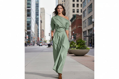 Women’s One-Shoulder Long Dress – Slanted Shoulder Waist-Defined Style