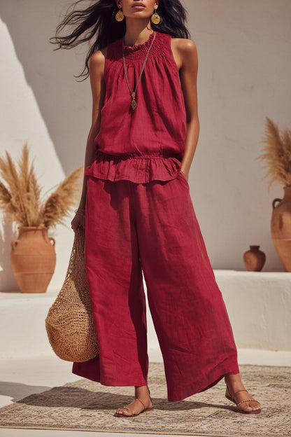 Women's Smocked Neckline Ruffle Hem Linen Tank & Wide-Leg Cropped Pants Set