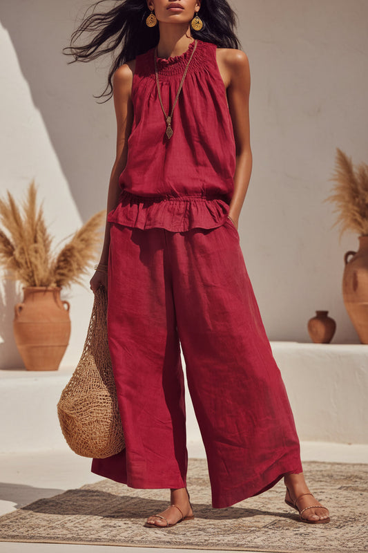 Women's Smocked Neckline Ruffle Hem Linen Tank & Wide-Leg Cropped Pants Set