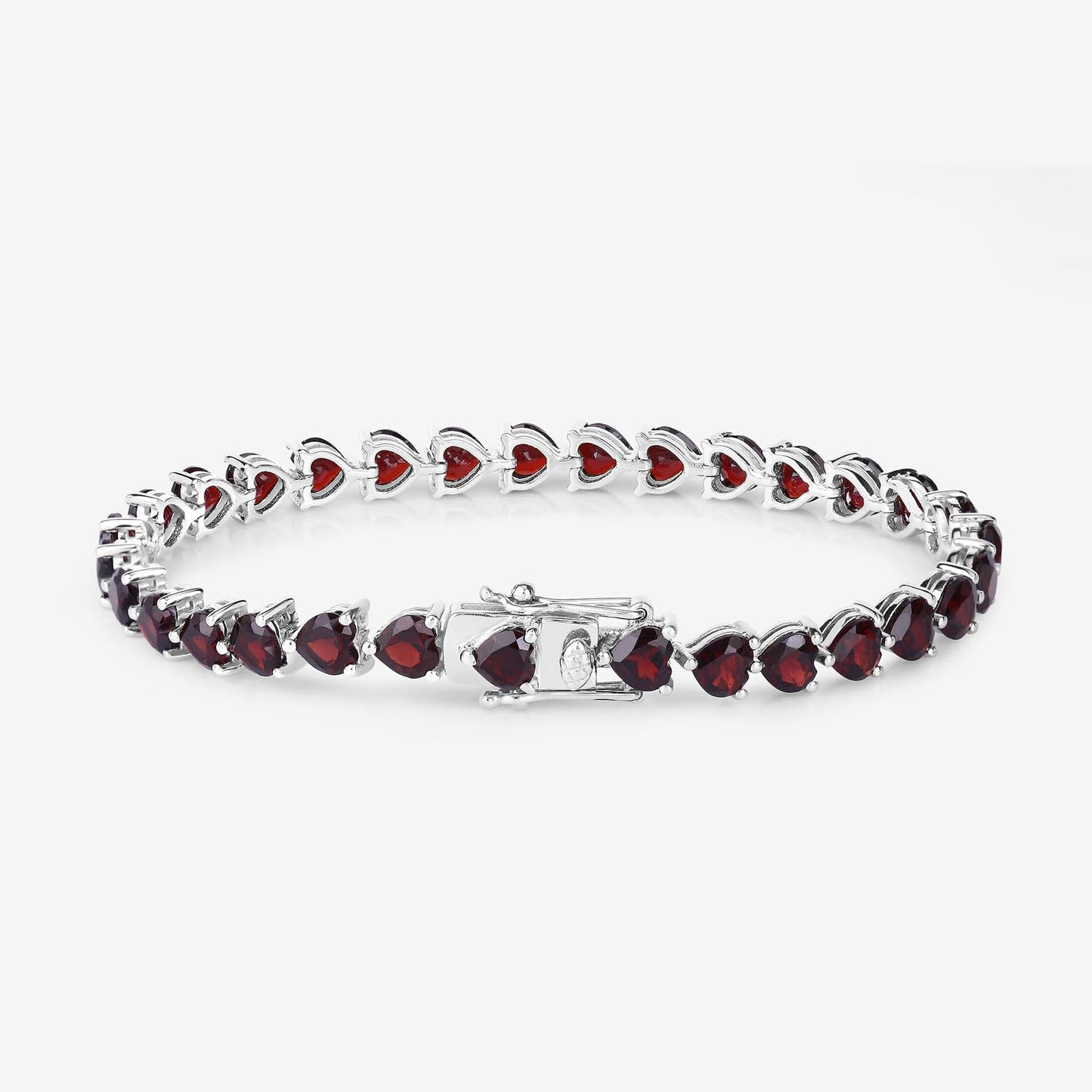 15.50 Ct Heart Red Garnet Prong Sterling Silver Box Clasp Tennis Bracelet