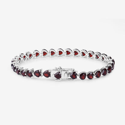 15.50 Ct Heart Red Garnet Prong Sterling Silver Box Clasp Tennis Bracelet