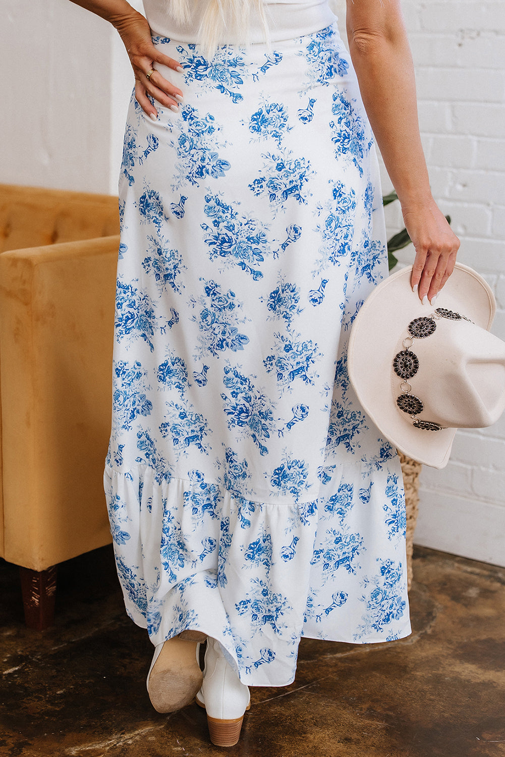Threaded Pear Salma Boho Floral High Waist Ruffle Split Maxi Skirt
