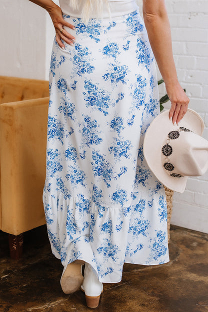 Threaded Pear Salma Boho Floral High Waist Ruffle Split Maxi Skirt