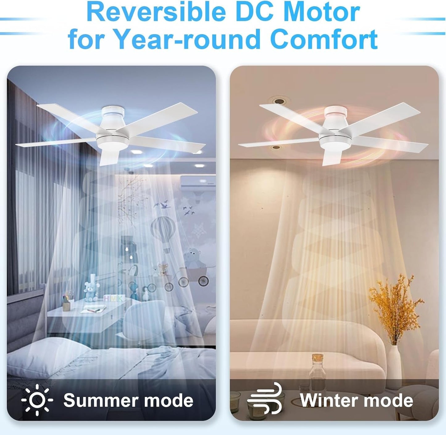 52" Ceiling Fan with Lights, White Flush Mount Ceiling Fans, 5 Blades Low Profile Ceiling Fans, 6 Speeds DC Reversible, Dimmable, Modern Ceiling Fans for Bedroom, Living Room and Garage (White)