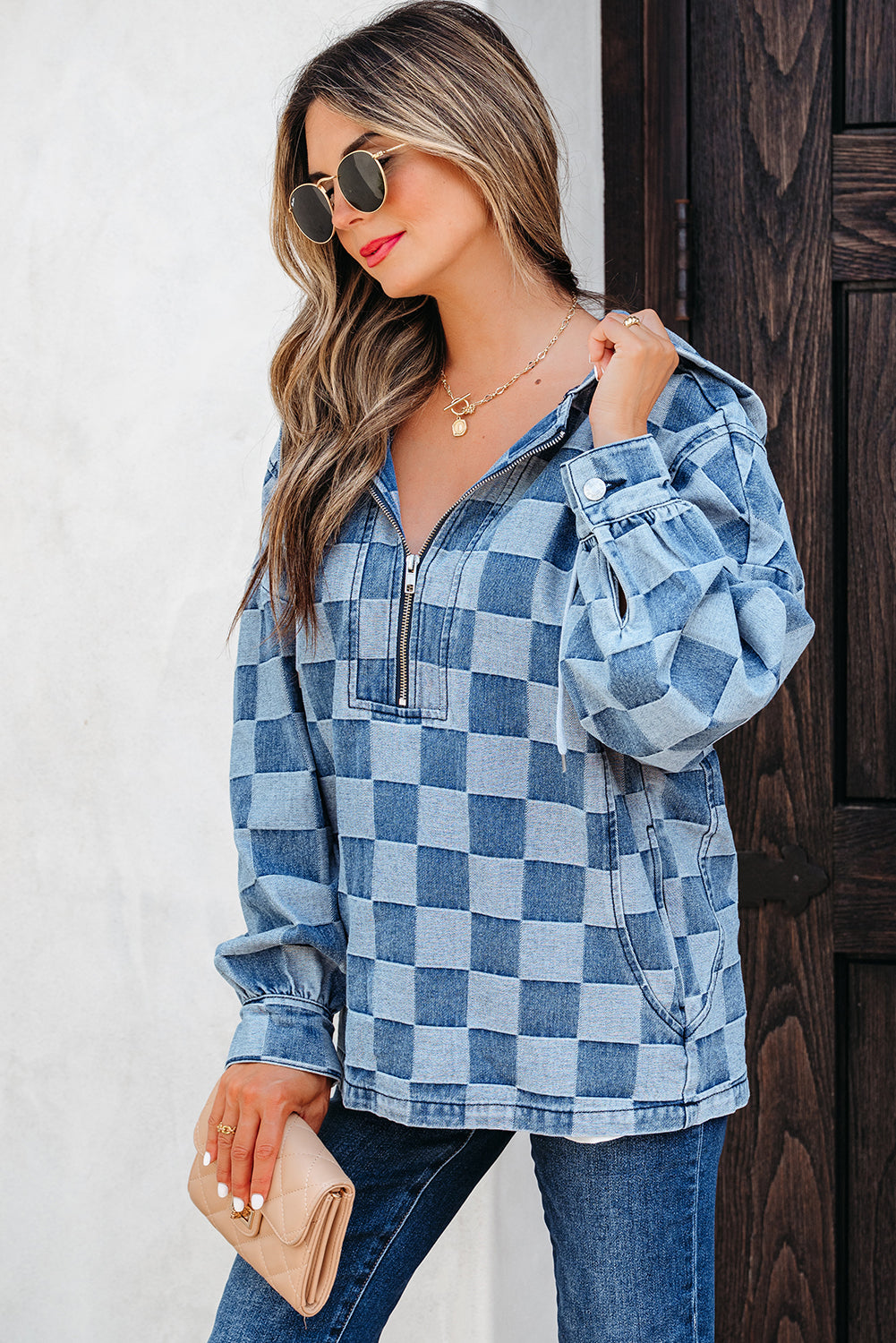 Threaded Pear Taracella Checkerboard Zipped Kangaroo Hoodie