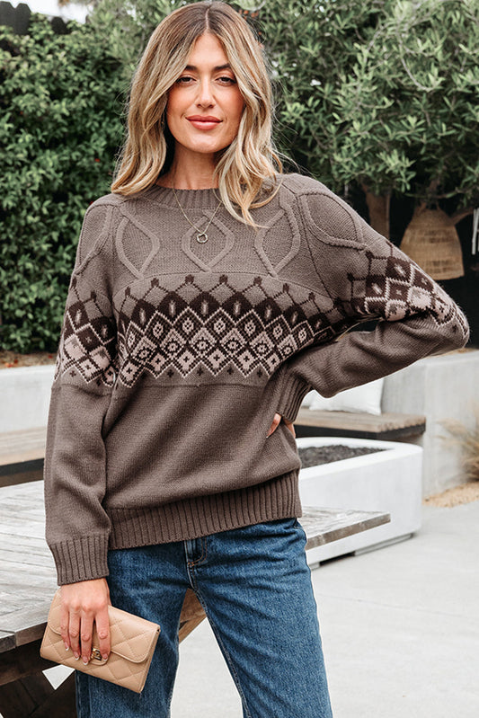 Threaded Pear Alana Western Geometric Patterned Crew Neck Knitted Sweater