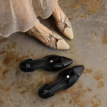 Women's Handmade Full-Grain Leather Strappy Low-Heel Sandals, Pointed-Toe Mary Jane Cutout Flats