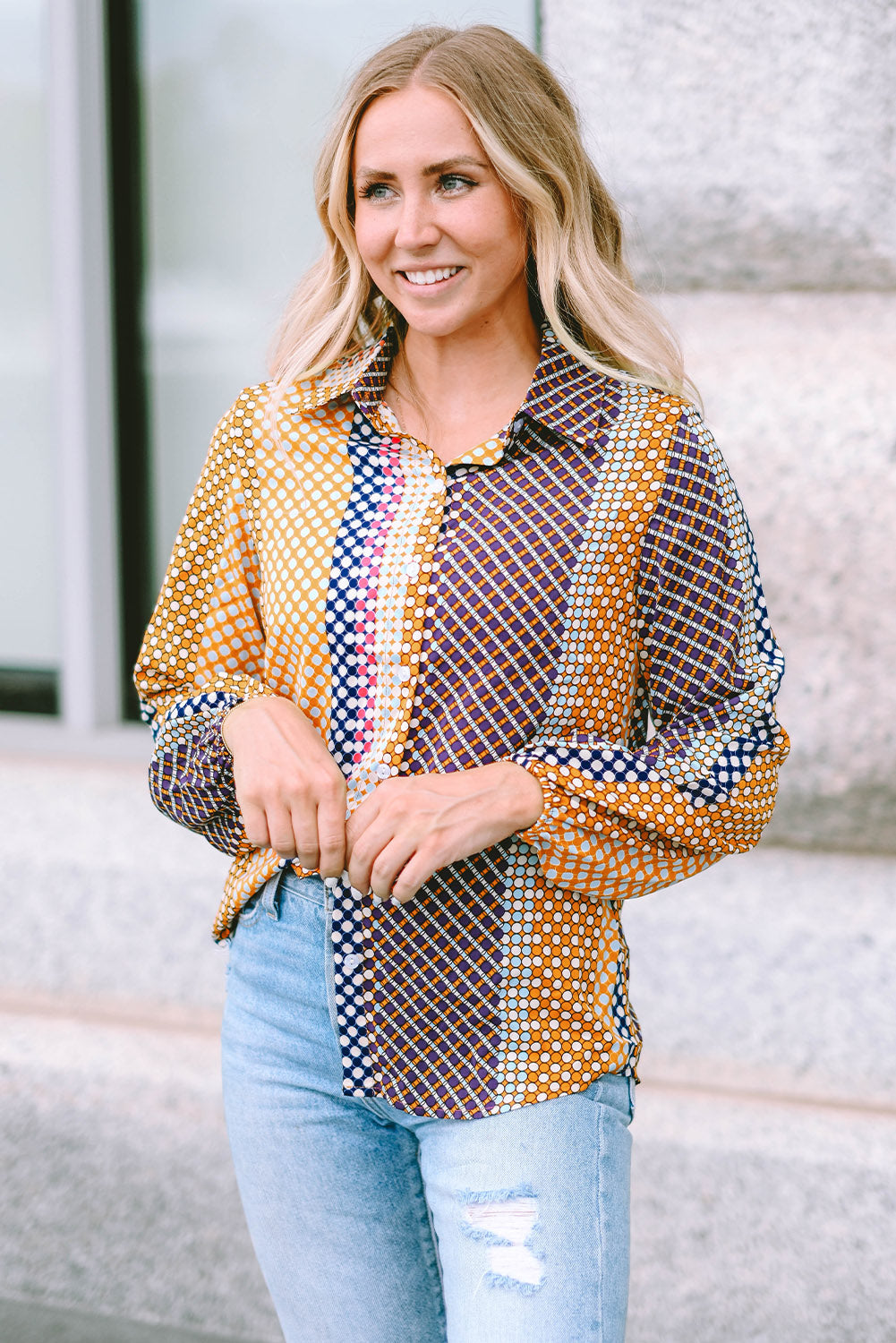 Threaded Pear Brown Dot Print Long Sleeve Button Down Shift PLUS Shirt