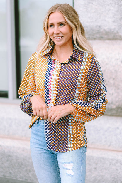 Threaded Pear Brown Dot Print Long Sleeve Button Down Shift PLUS Shirt