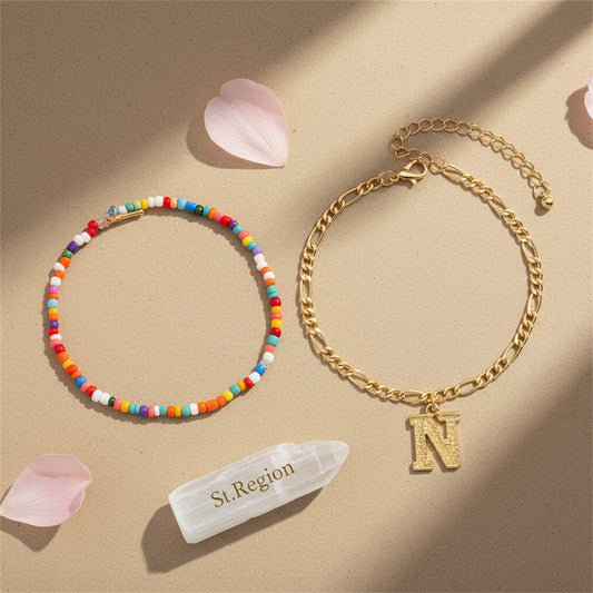 Multi-Colored Howlite & Goldtone Beads Chain Letter 'N' Charm Anklet Set