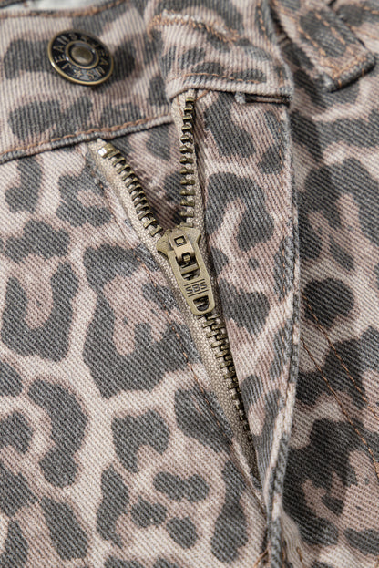 Threaded Pear Brianna Leopard Frayed Edge Wide Leg High Waist Jeans