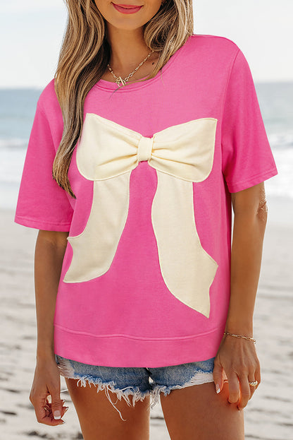 Strawberry Pink Contrasting Color Ribbon Bow Front Patch Loose Tee with Slits